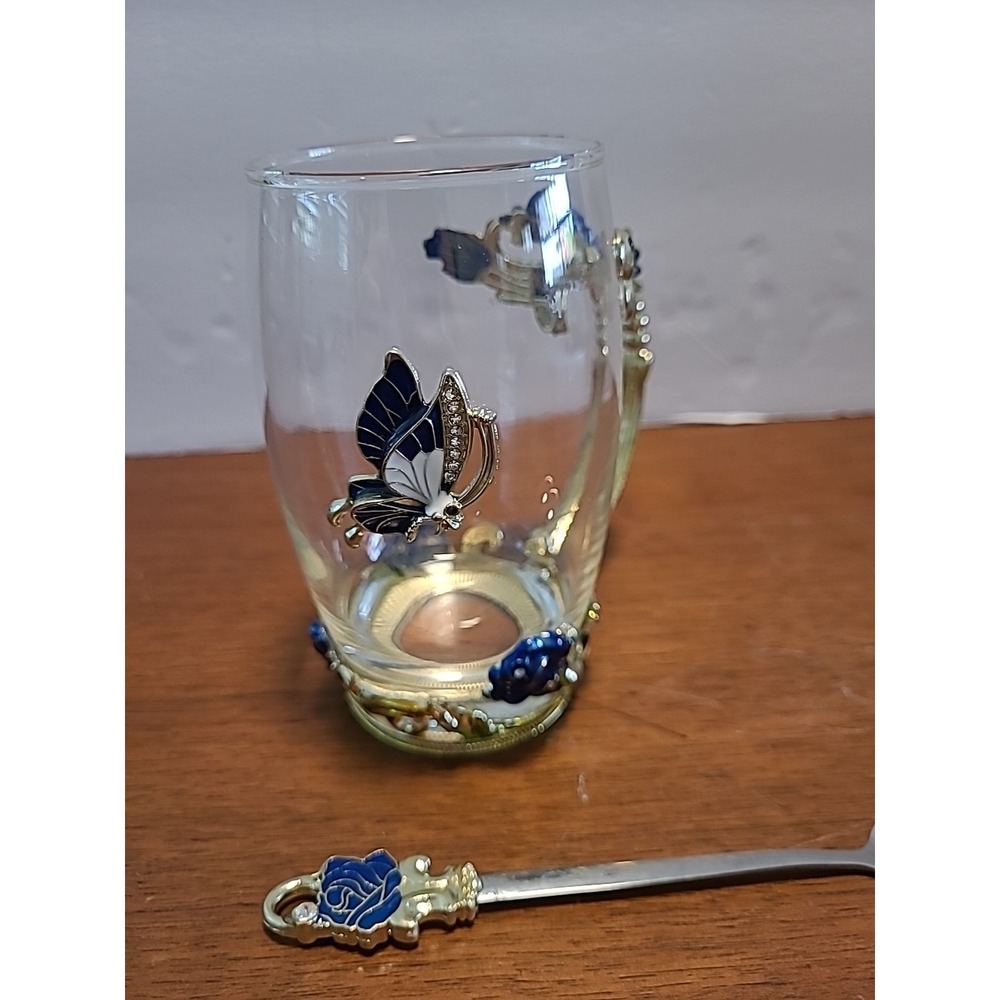 Pougine Glass Tea Cup Mug 12oz Lead Free Butterfly w/Blue Rose Handle & Spoon